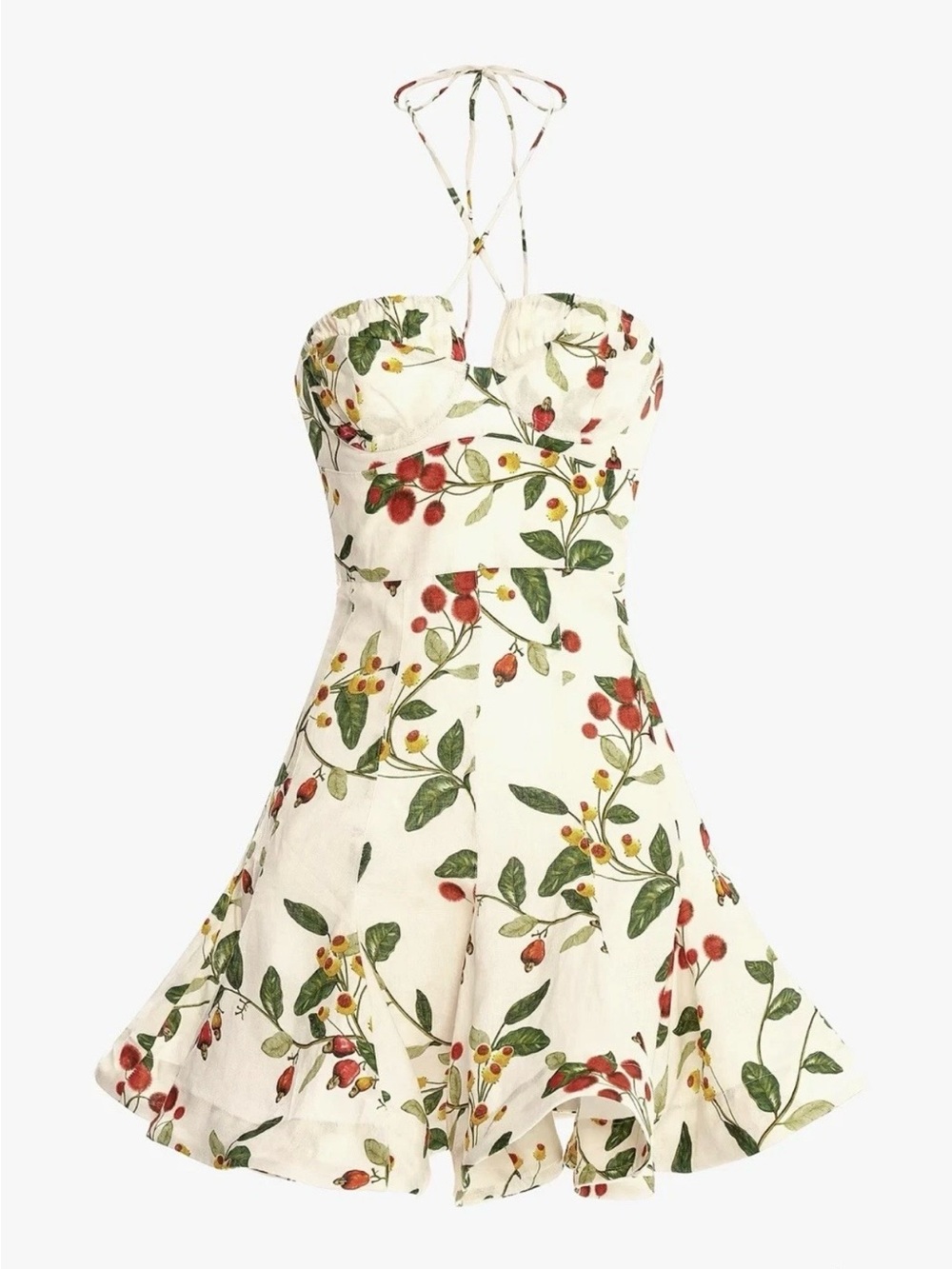 Agua Bendita Cream Floral Strapless Mini Dress with Red & Green